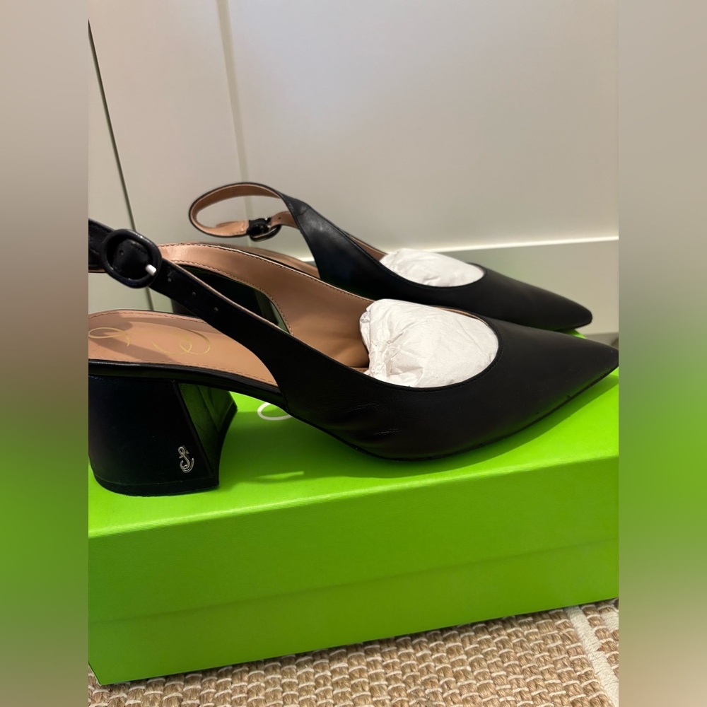 Sam Edelman Black Pointed-Toe Slingback Block Heel Pumps